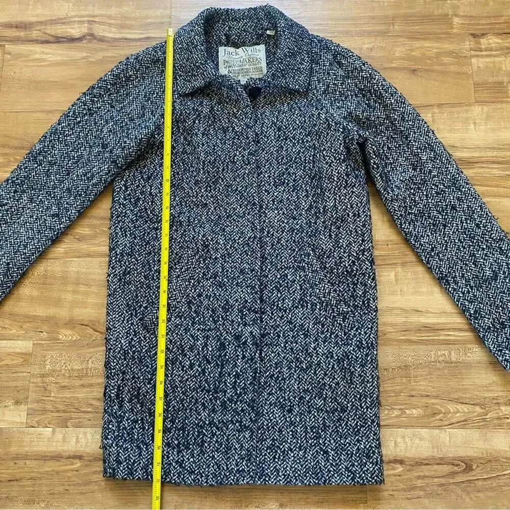 JACK WILLS 2 Womens Navy Blue Fuzzy Wool Tweed Herringbone Pea Coat Academia